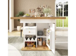 Mesa de comedor extensible 110-140×80cm - 4-6 personas - con 1 puerta y 2 cajones - con portavinos y estante para especias - Blanco