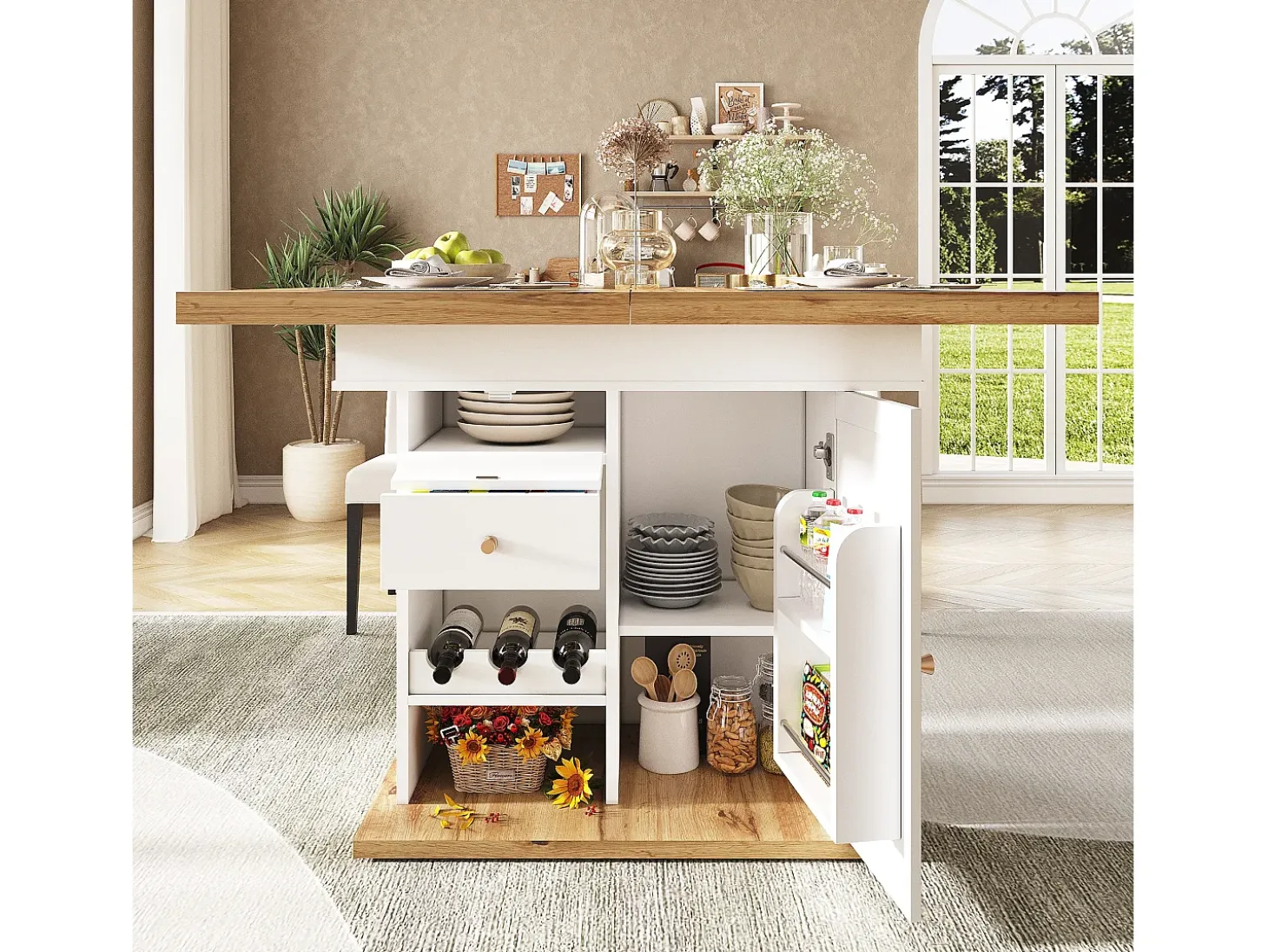 Mesa de comedor extensible 110-140×80cm - 4-6 personas - con 1 puerta y 2 cajones - con portavinos y estante para especias - Blanco