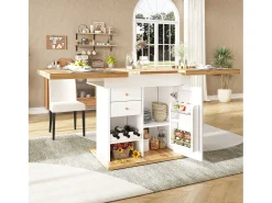Mesa de comedor extensible 110-140×80cm - 4-6 personas - con 1 puerta y 2 cajones - con portavinos y estante para especias - Blanco