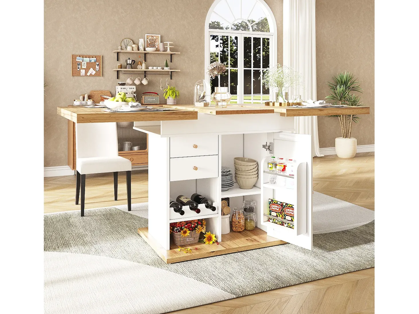 Mesa de comedor extensible 110-140×80cm - 4-6 personas - con 1 puerta y 2 cajones - con portavinos y estante para especias - Blanco