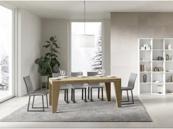Mesa de comedor extensible de madera Naxo.-Color Natural-Base y soporte con ruedas-5 alargaderas finas-Ancho extensible