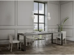 Mesa de comedor extensible tiroz-Color Gris cemento-Base y soporte con ruedas-5 alargaderas finas-Ancho extensible