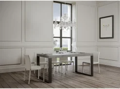 Mesa de comedor extensible tiroz-Color Gris cemento-Base y soporte con ruedas-5 alargaderas finas-Ancho extensible