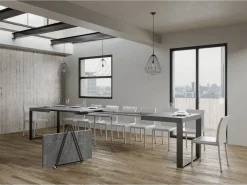 Mesa de comedor extensible tiroz-Color Gris cemento-Base y soporte con ruedas-5 alargaderas finas-Ancho extensible