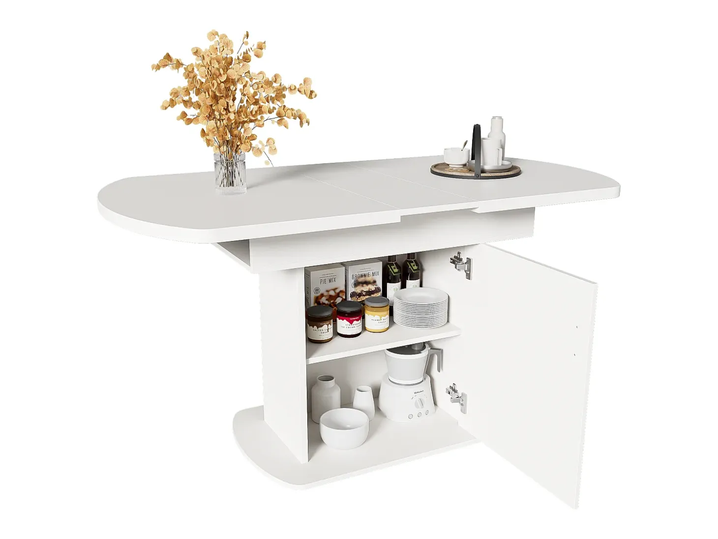 Mesa de comedor extensible ovalada para 4 a 6 cubiertos con estantes - L110/130xW70xH75cm - Tablero de partículas - Blanco + dorado
