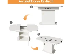 Mesa de comedor extensible ovalada para 4 a 6 cubiertos con estantes - L110/130xW70xH75cm - Tablero de partículas - Blanco + dorado