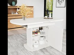 Mesa de comedor extensible ovalada para 4 a 6 cubiertos con estantes - L110/130xW70xH75cm - Tablero de partículas - Blanco + dorado