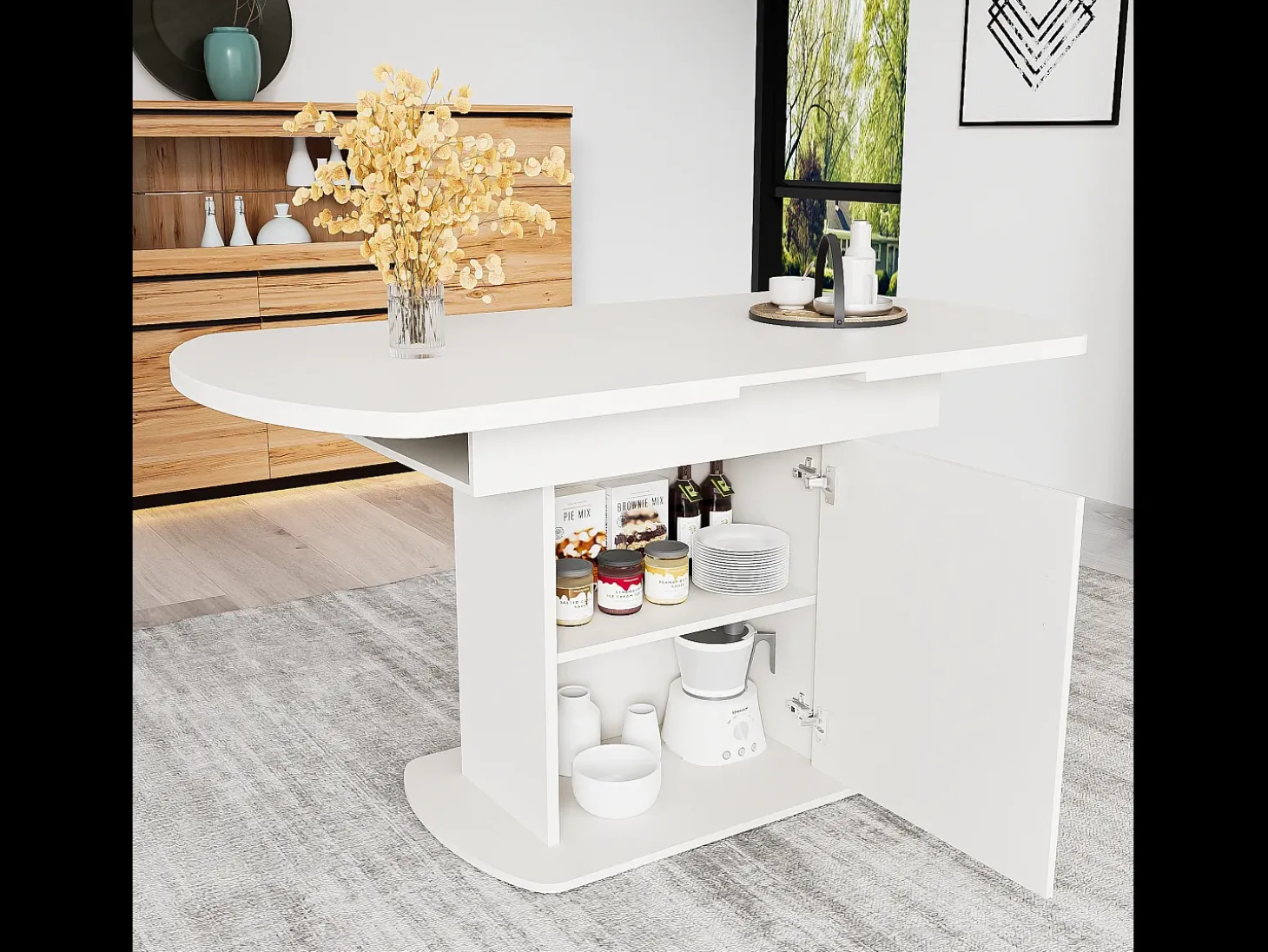 Mesa de comedor extensible ovalada para 4 a 6 cubiertos con estantes - L110/130xW70xH75cm - Tablero de partículas - Blanco + dorado