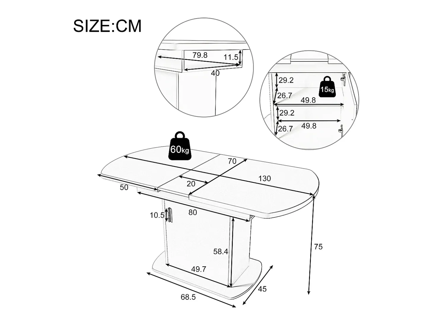 Mesa de comedor extensible ovalada para 4 a 6 cubiertos con estantes - L110/130xW70xH75cm - Tablero de partículas - Blanco + dorado