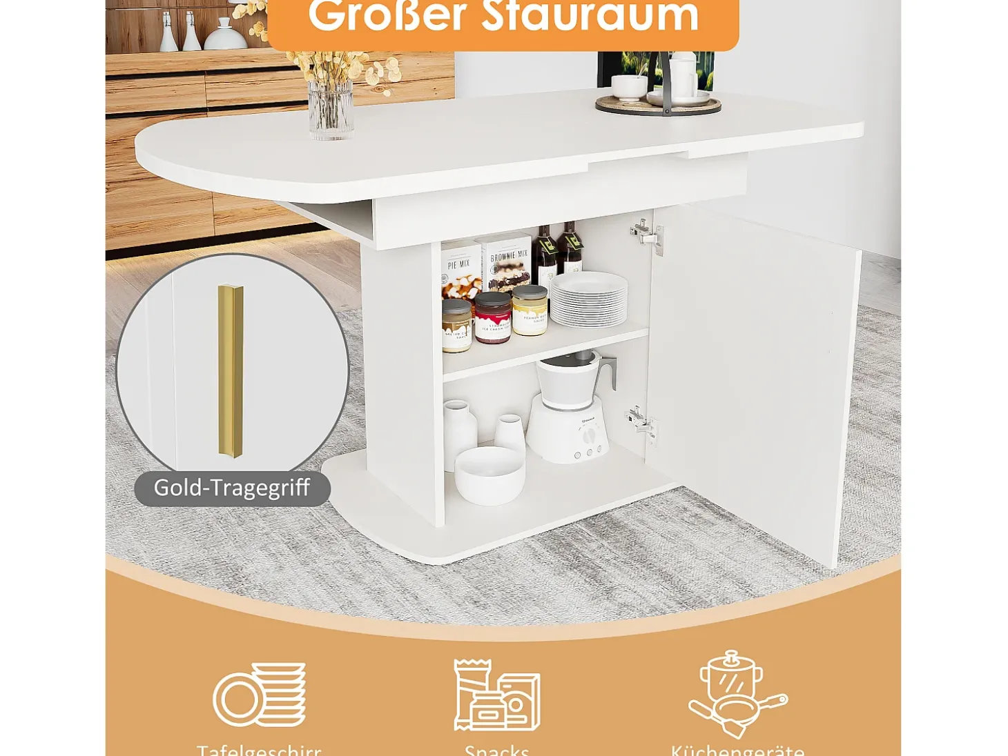 Mesa de comedor extensible ovalada para 4 a 6 cubiertos con estantes - L110/130xW70xH75cm - Tablero de partículas - Blanco + dorado