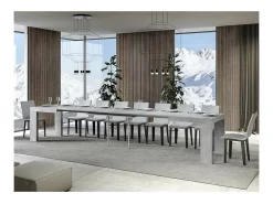 Mesa de comedor extensible de madera Ribo-Color Gris cemento-Base y soporte con ruedas-5 alargaderas finas-Ancho extensible