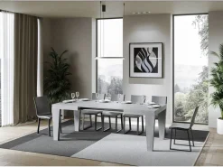 Mesa de comedor extensible de madera Kristo patas en V-Color Gris cemento-Base y soporte con ruedas-Alargaderas -Ancho extensible