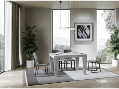 Mesa de comedor extensible de madera Kristo patas en V-Color Gris cemento-Base y soporte con ruedas-Alargaderas -Ancho extensible