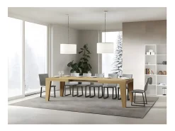 Mesa de comedor extensible de madera Naxo.-Color Natural-Soporte 2 pies-5 alargaderas finas-Ancho extensible