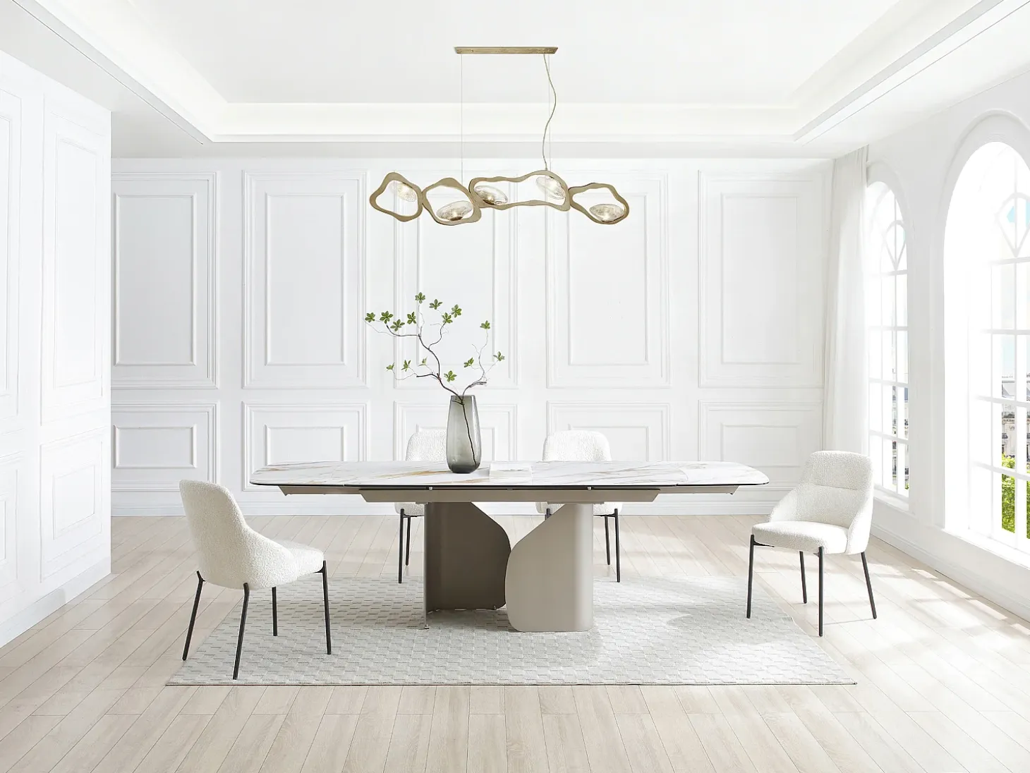 Mesa de comedor extensible para 6 a 10 personas en cerámica, cristal templado y metal topo - Efecto mármol blanco - CAMUVO de Maison Céphy