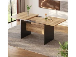 Mesa de comedor extensible de vetas de madera para 4 a 6 cubiertos - L 140/180 x W 80 x H 75 cm - Madera MDF - Negro + Nogal oscuro