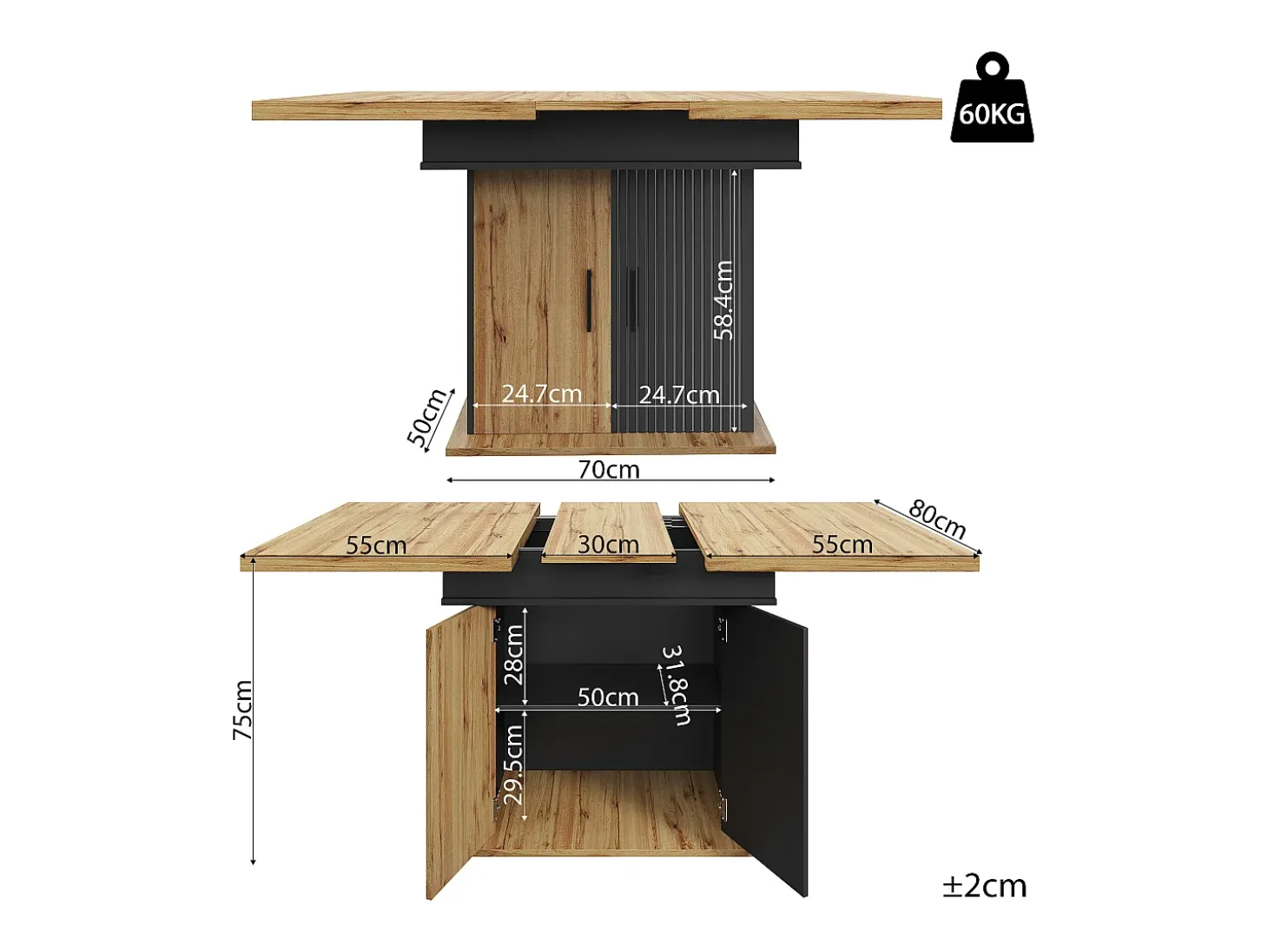 Mesa de comedor extensible 110-140×80cm - 4-6 personas - con 2 puertas - estilo retro - Negro + Natural