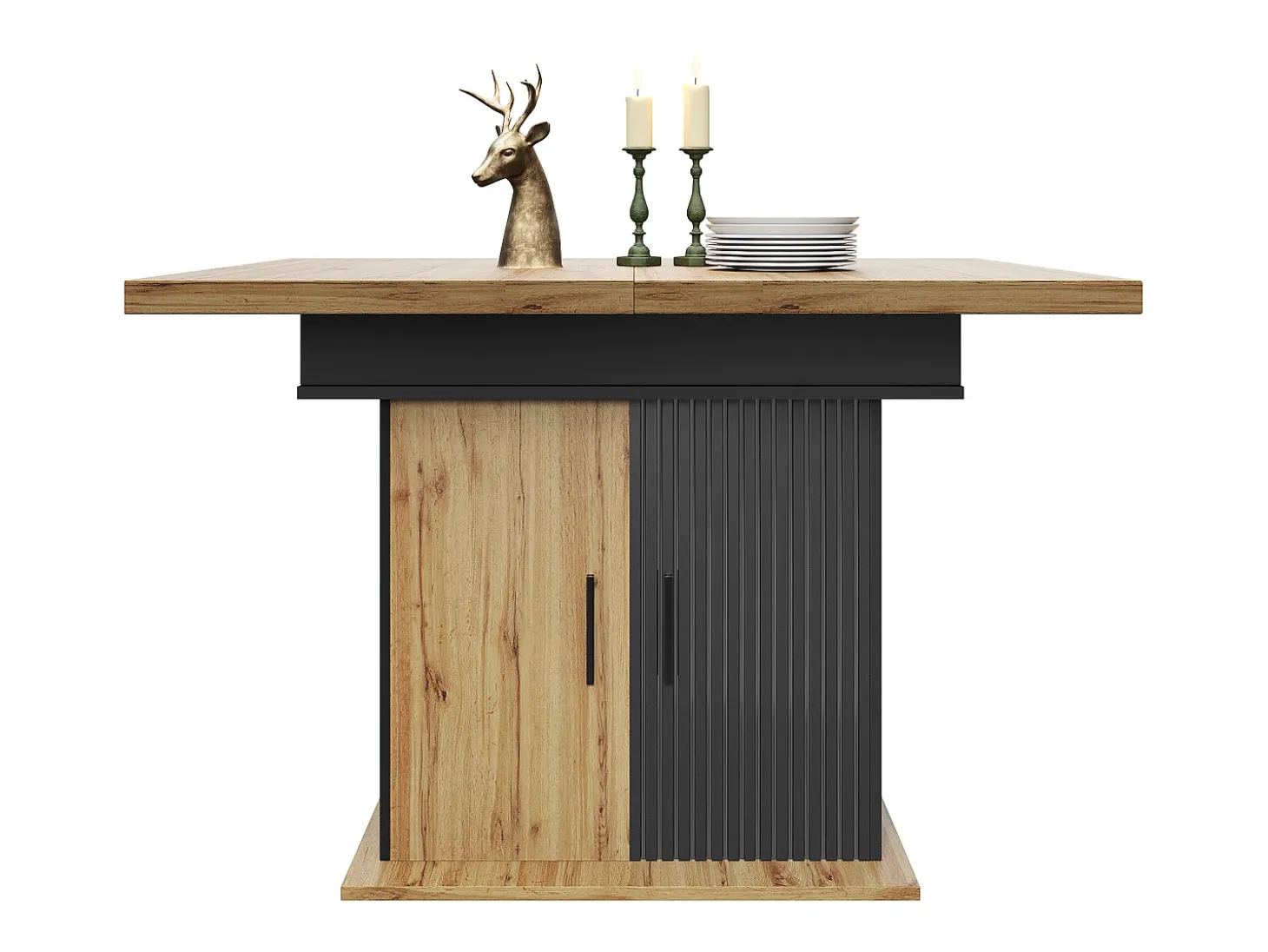 Mesa de comedor extensible 110-140×80cm - 4-6 personas - con 2 puertas - estilo retro - Negro + Natural