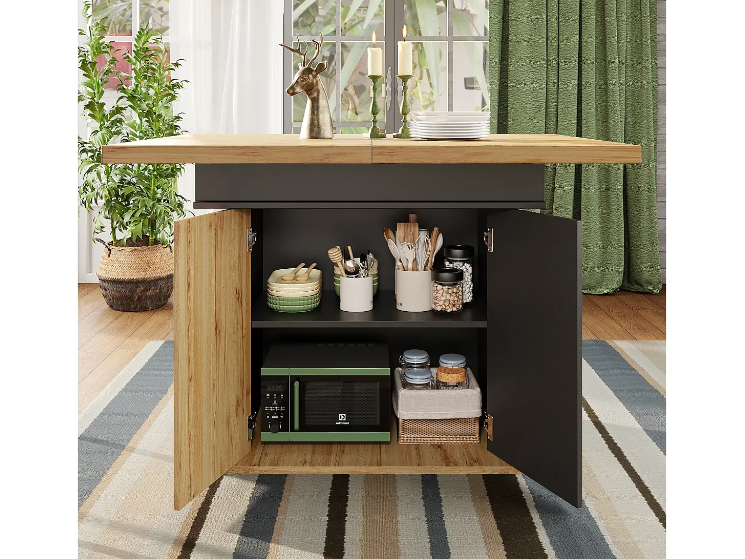 Mesa de comedor extensible 110-140×80cm - 4-6 personas - con 2 puertas - estilo retro - Negro + Natural