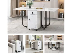 Mesa de comedor extensible y plegable, con ruedas, 1 puerta y 1 cajón, MDF lacado blanco, 150x80x76cm