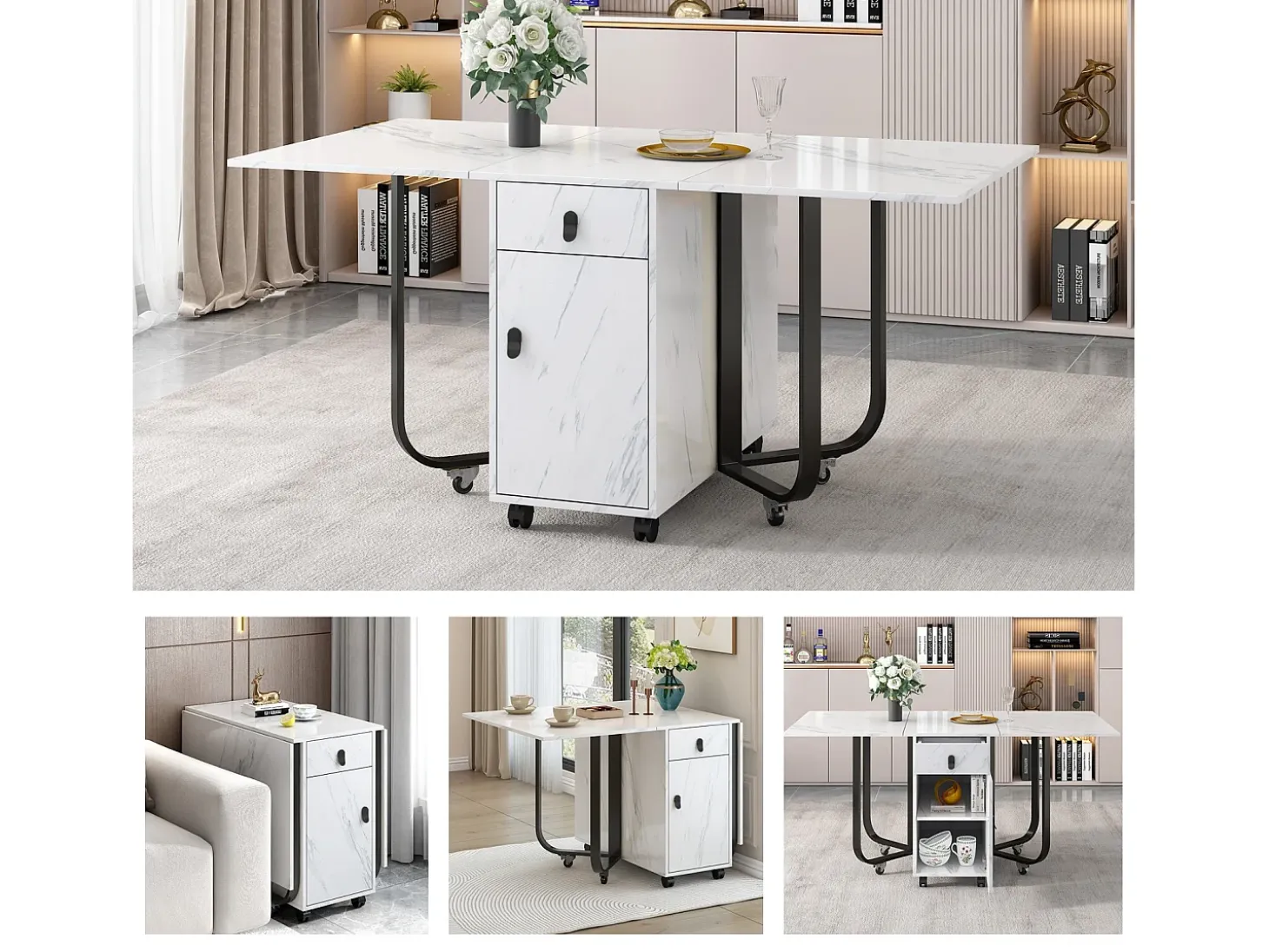 Mesa de comedor extensible y plegable, con ruedas, 1 puerta y 1 cajón, MDF lacado blanco, 150x80x76cm