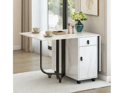 Mesa de comedor extensible y plegable, con ruedas, 1 puerta y 1 cajón, MDF lacado blanco, 150x80x76cm