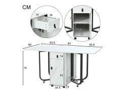 Mesa de comedor extensible y plegable, con ruedas, 1 puerta y 1 cajón, MDF lacado blanco, 150x80x76cm