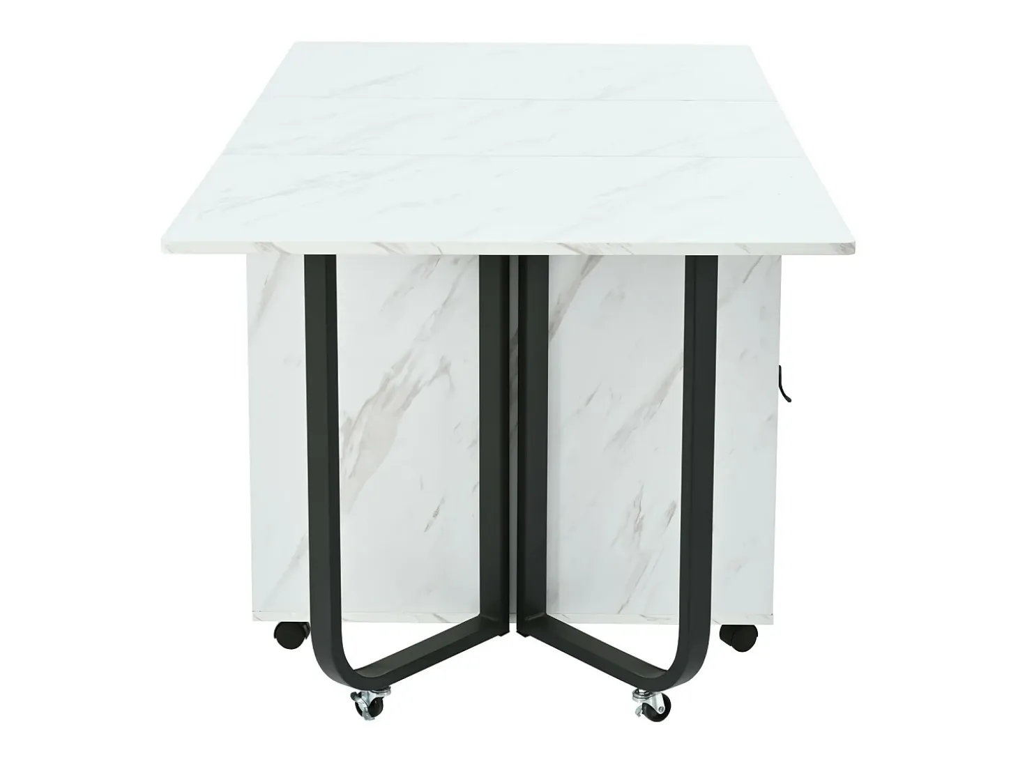 Mesa de comedor extensible y plegable, con ruedas, 1 puerta y 1 cajón, MDF lacado blanco, 150x80x76cm