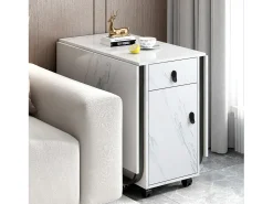 Mesa de comedor extensible y plegable, con ruedas, 1 puerta y 1 cajón, MDF lacado blanco, 150x80x76cm