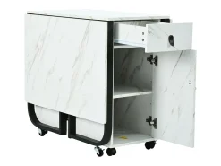 Mesa de comedor extensible y plegable, con ruedas, 1 puerta y 1 cajón, MDF lacado blanco, 150x80x76cm