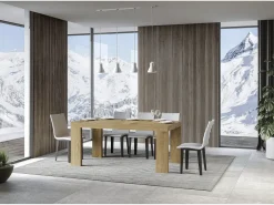 Mesa de comedor extensible de madera Ribo-Color Gris cemento-Soporte 4 pies-5 alargaderas finas-Ancho extensible