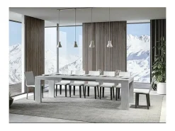 Mesa de comedor extensible de madera Ribo-Color Gris cemento-Soporte 4 pies-5 alargaderas finas-Ancho extensible