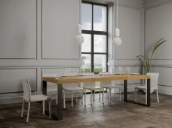Mesa de comedor extensible tiroz-Color Natural-Soporte 2 pies-5 alargaderas finas-Ancho extensible