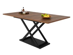 Mesa de comedor extensible (120-160x80 cm), Telescópica, con patas cruzadas negras, para cocina y salón, MDF, acabado madera nogal, diseño moderno