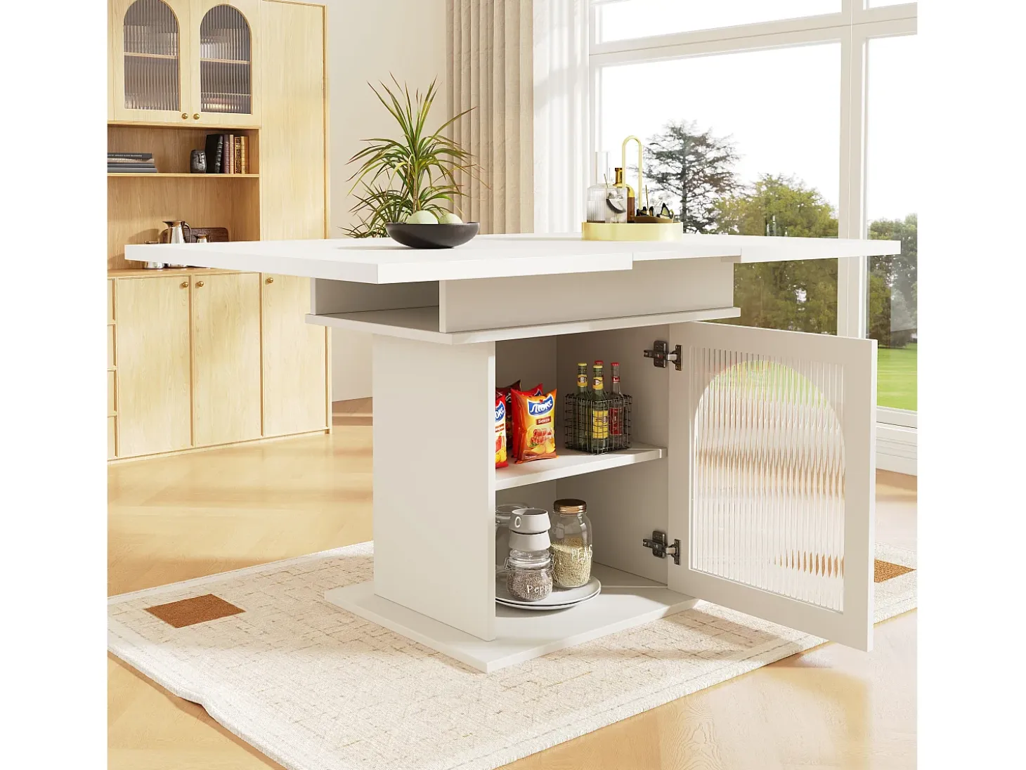 Mesa de comedor extensible para 4 a 6 personas con 1 puerta - 110/140 x 80 x 76 cm - Madera MDF - para cocina y salón - Color blanco