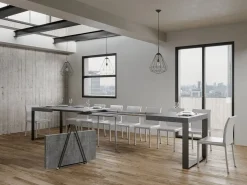 Mesa de comedor extensible tiroz-Color Gris cemento-Soporte 2 pies-5 alargaderas finas-Ancho extensible