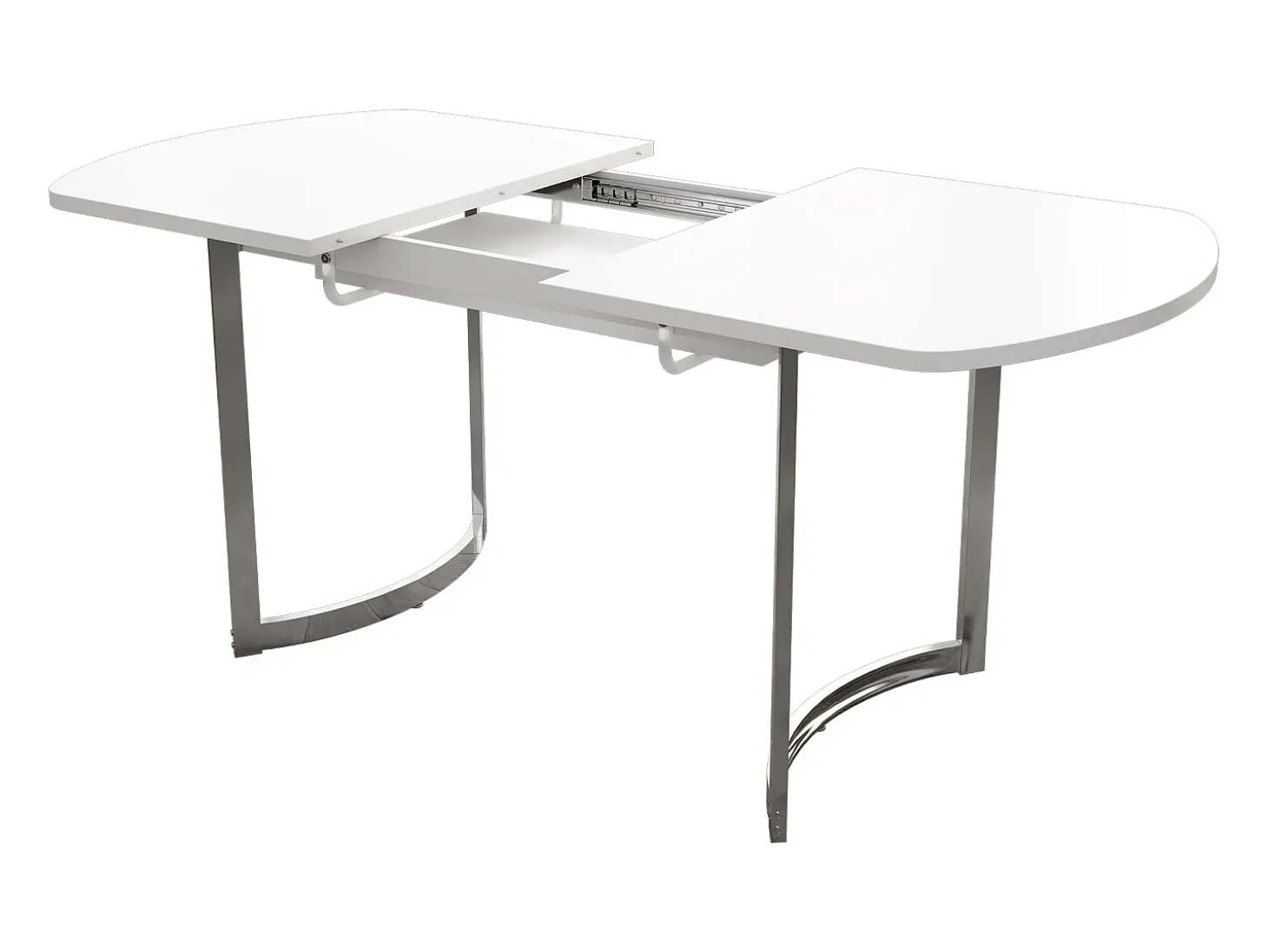 Mesa de comedor extensible blanca 140/180 x 80 cm, adecuada para 4 a 6 personas, patas de metal plateado