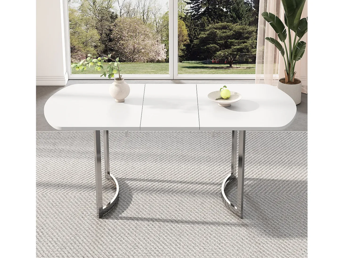 Mesa de comedor extensible blanca 140/180 x 80 cm, adecuada para 4 a 6 personas, patas de metal plateado