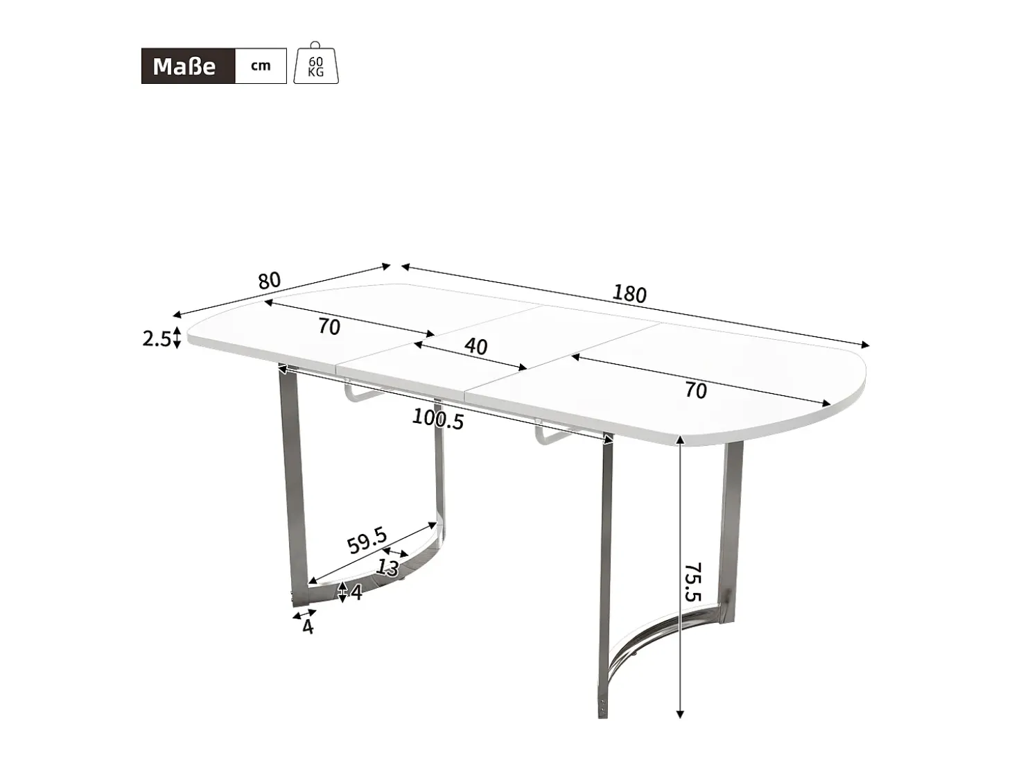 Mesa de comedor extensible blanca 140/180 x 80 cm, adecuada para 4 a 6 personas, patas de metal plateado