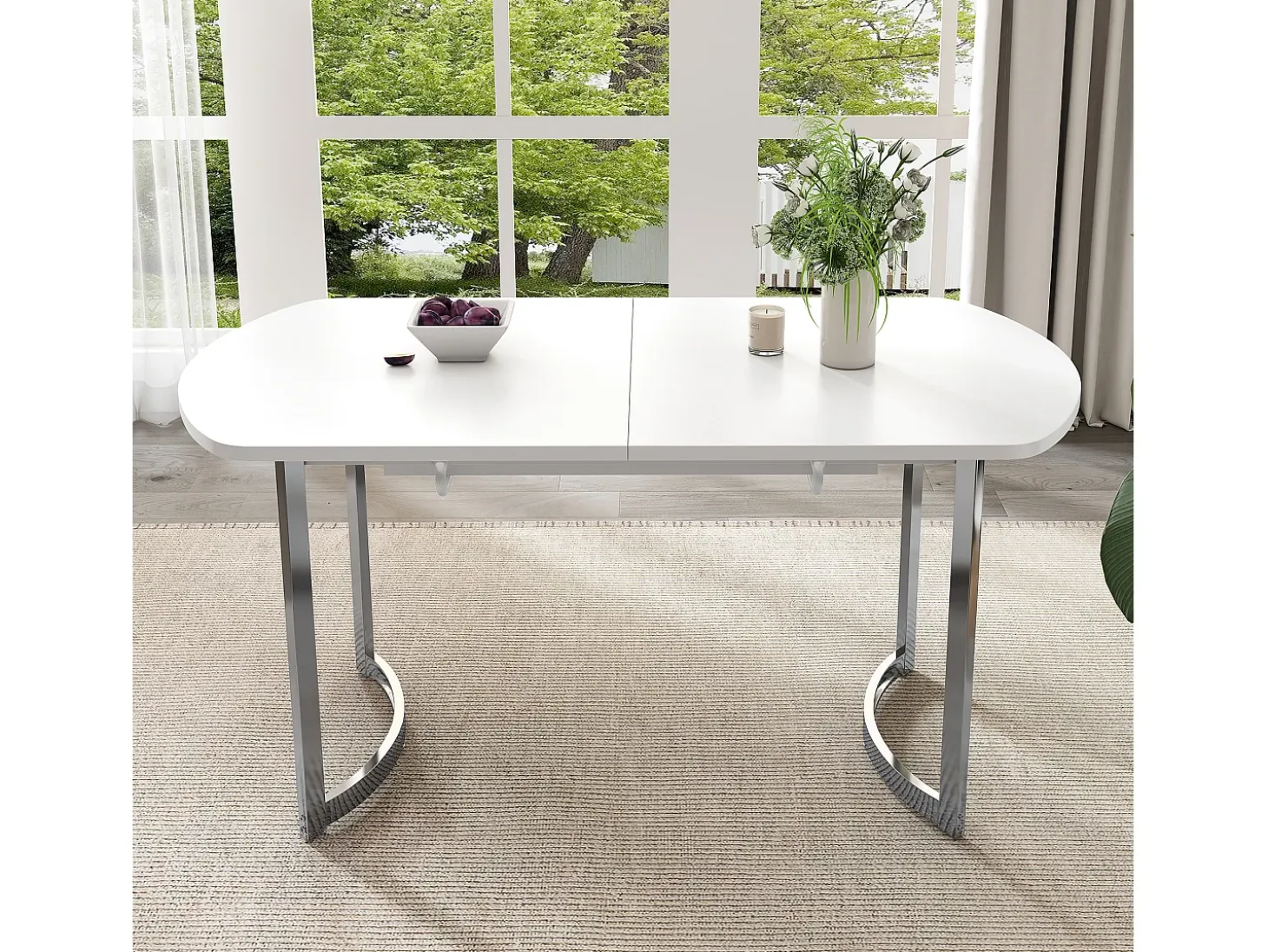 Mesa de comedor extensible blanca 140/180 x 80 cm, adecuada para 4 a 6 personas, patas de metal plateado