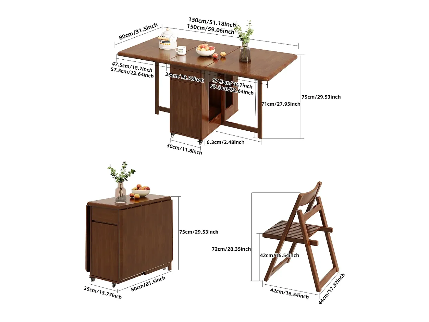 Mesa de comedor extensible y compacta, mesa de cocina de madera de 130 cm con almacenamiento y ruedas 360°, para 2 a 6 personas, acabado nogal