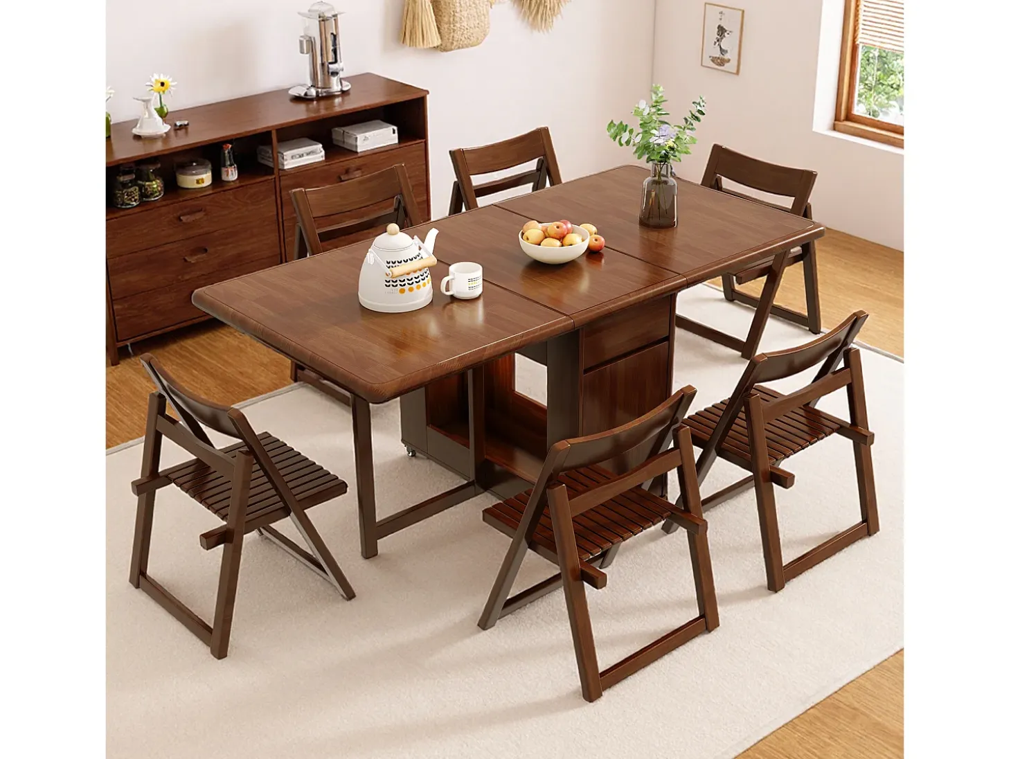 Mesa de comedor extensible y compacta, mesa de cocina de madera de 130 cm con almacenamiento y ruedas 360°, para 2 a 6 personas, acabado nogal