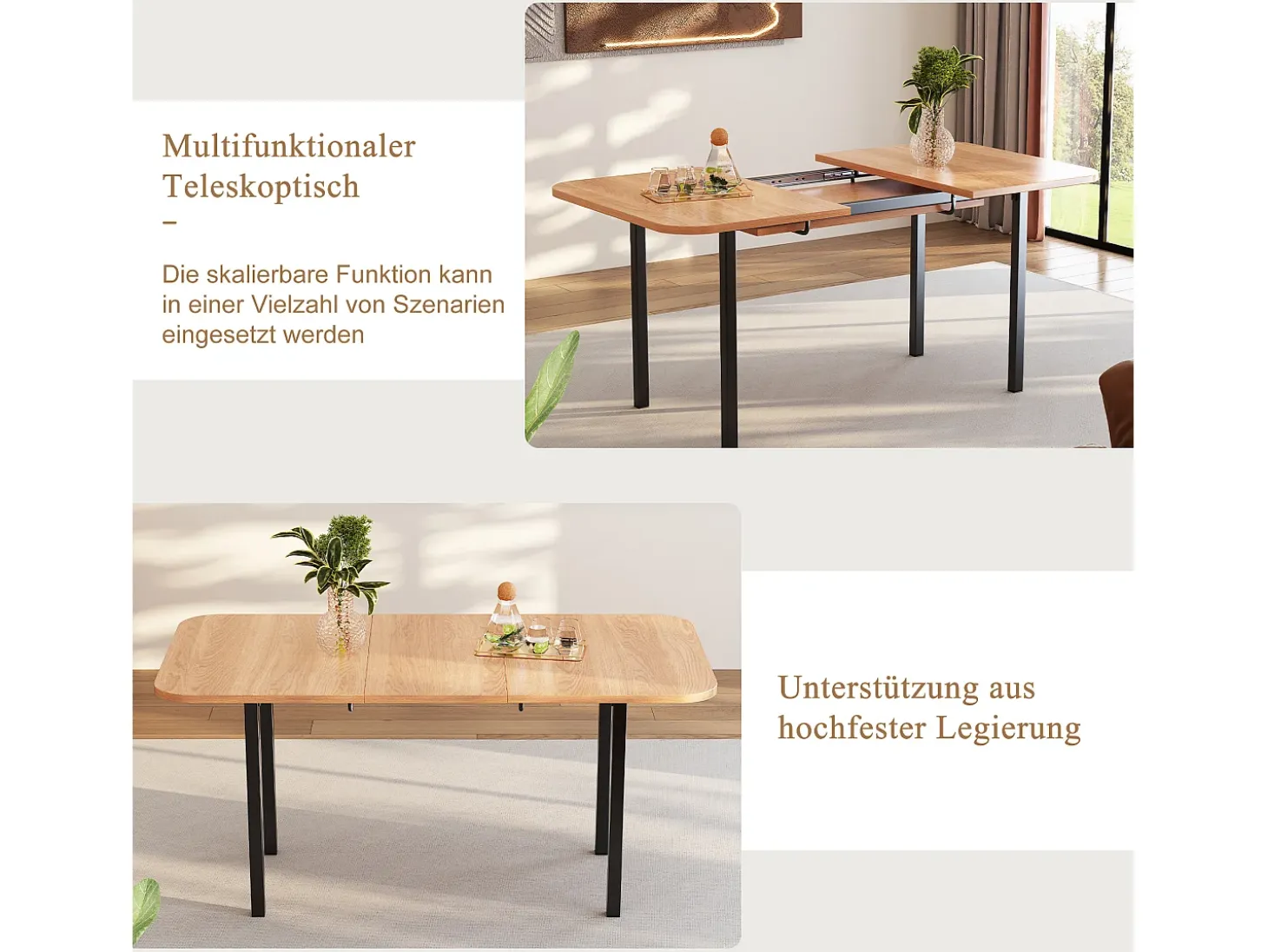 Mesa de comedor extensible para 4 a 6 cubiertos - L 120/160 x W 80 x H 75 cm - Madera MDF y metal - Natural