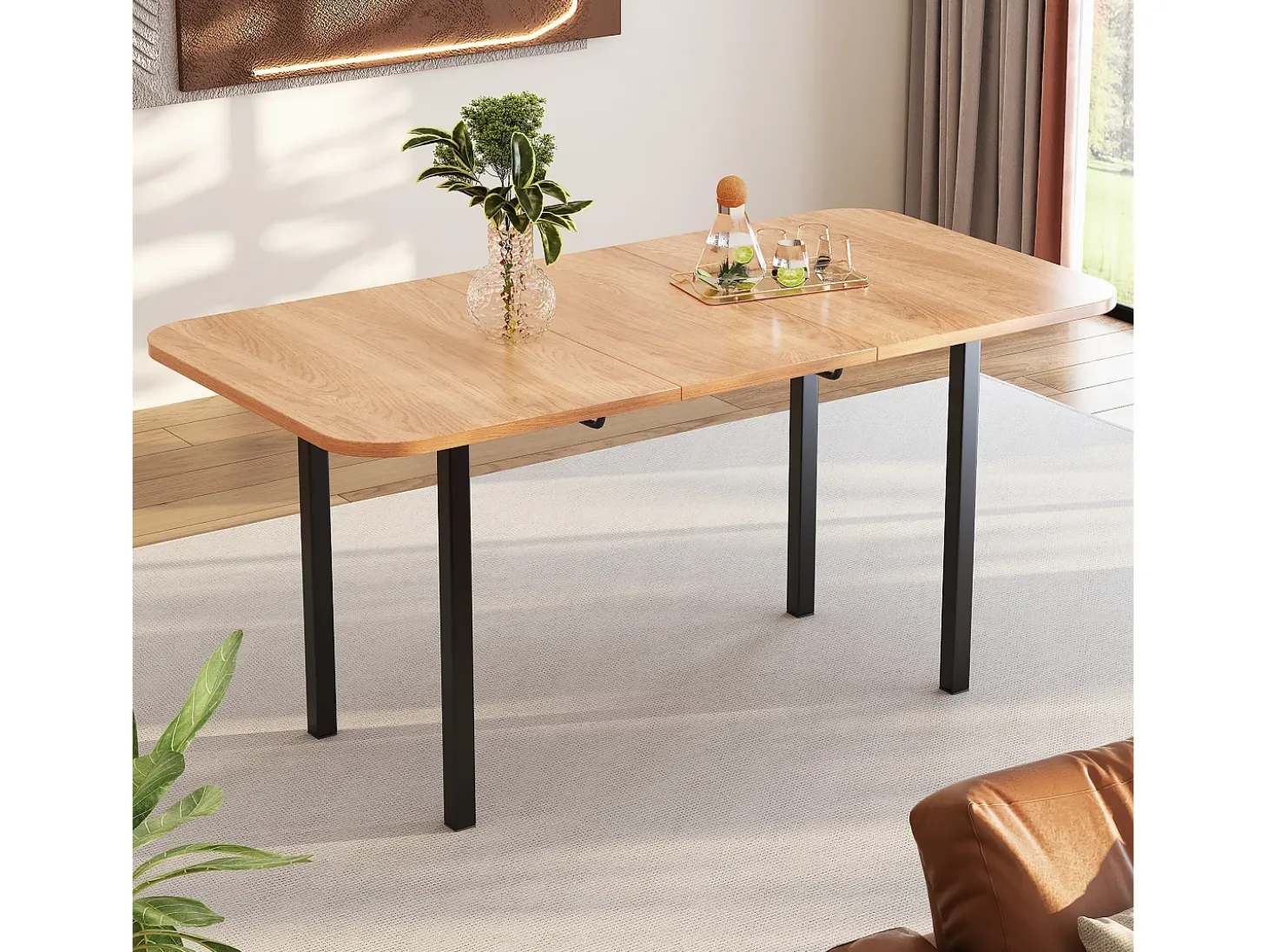 Mesa de comedor extensible para 4 a 6 cubiertos - L 120/160 x W 80 x H 75 cm - Madera MDF y metal - Natural
