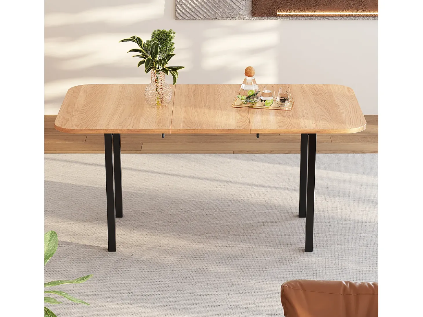 Mesa de comedor extensible para 4 a 6 cubiertos - L 120/160 x W 80 x H 75 cm - Madera MDF y metal - Natural