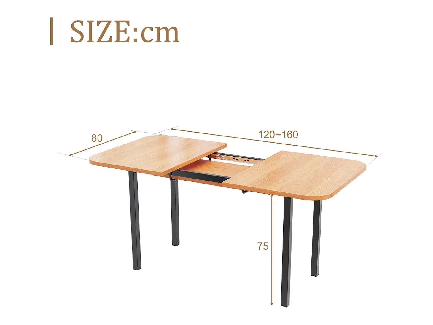 Mesa de comedor extensible para 4 a 6 cubiertos - L 120/160 x W 80 x H 75 cm - Madera MDF y metal - Natural