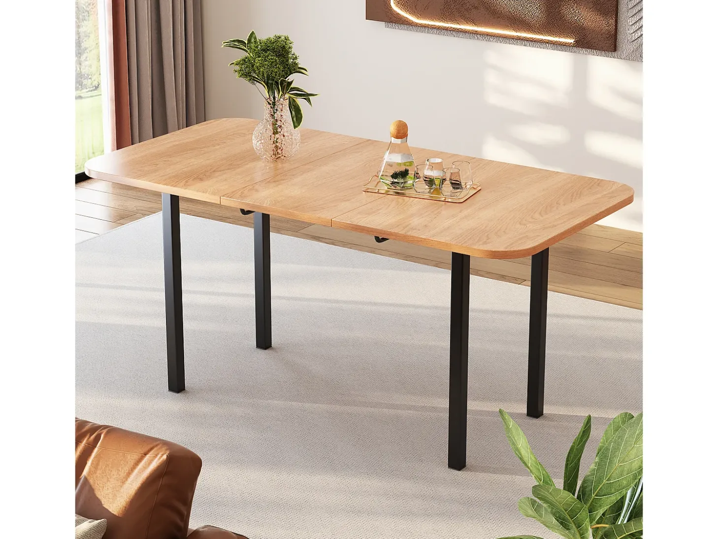Mesa de comedor extensible para 4 a 6 cubiertos - L 120/160 x W 80 x H 75 cm - Madera MDF y metal - Natural