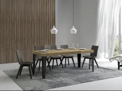 Mesa de comedor extensible Flavio-Color Natural-Base y soporte con ruedas-Alargaderas -Ancho extensible