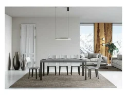 Mesa de comedor extensible Karry-Color Gris cemento-Base y soporte con ruedas-Ancho extensible