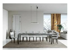 Mesa de comedor extensible Karry-Color Gris cemento-Base y soporte con ruedas-Ancho extensible